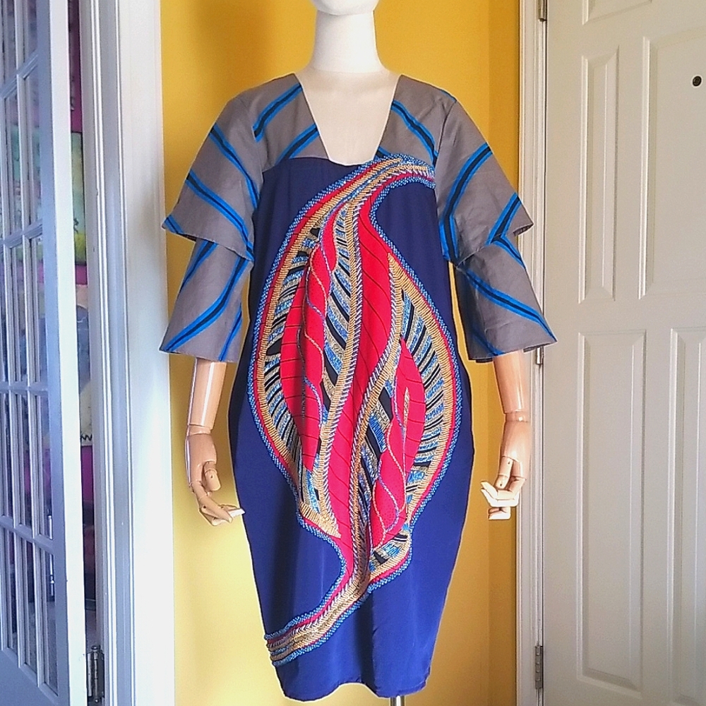Handmade Navy Blue Red Beaded Floral Dress